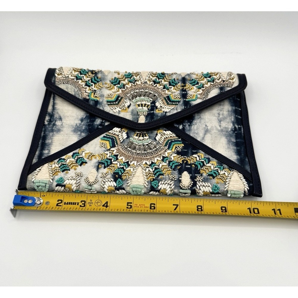 Rebecca Minkoff Beaded Tie Dye Envelope Clutch‎ Statement Boho Luxe Bag Indigo - Picture 8 of 10